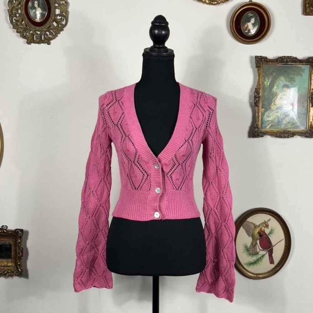 Vintage Pink Pointelle Knit Cardigan Cropped Y2K Coquette Sweater